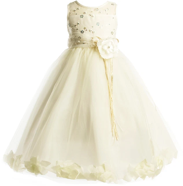 Peek-A-Boo Illusion Sequin Communion Flower Girl Pageant Petal Dress - Ivory