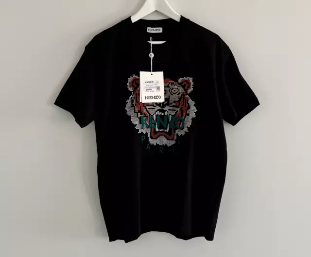 Brand New Kenzo Men's Cross Stitch Tiger Embroidered Black Tshirt