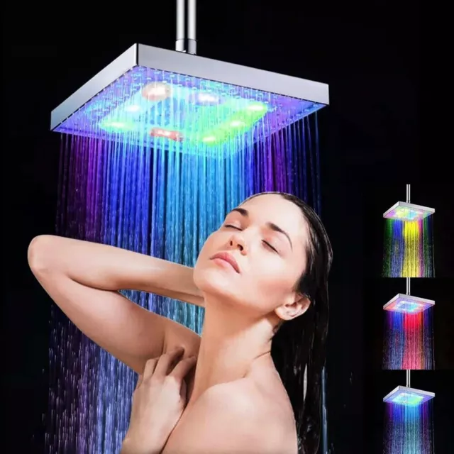 8" Square Rain Shower Head LED Lights 7 Color Rainfall Thin Top Spray Showerhead