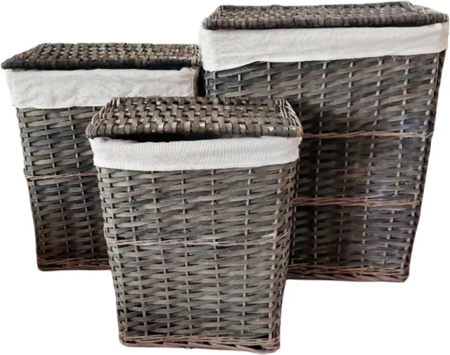 Set of 3 Willow Wicker Basket with Lining & Lid Small/Medium/Large Laundry Linen