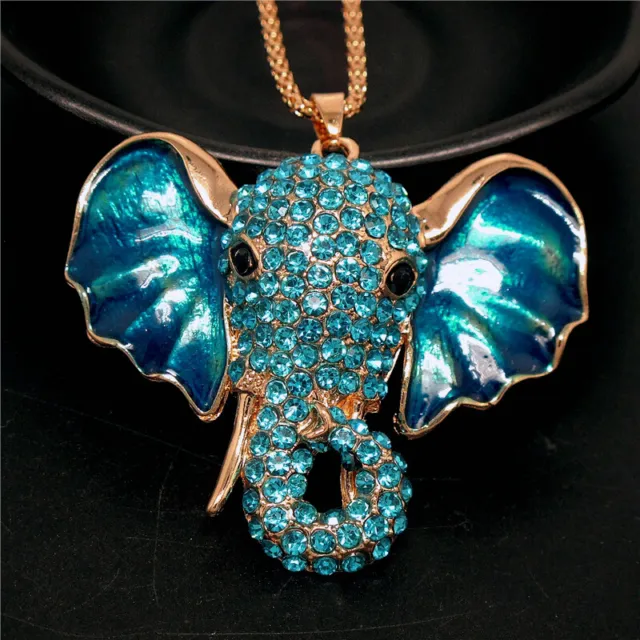 Fashion Women Rhinestone Cute Blue Elephant Head Crystal Pendant Chain Necklace