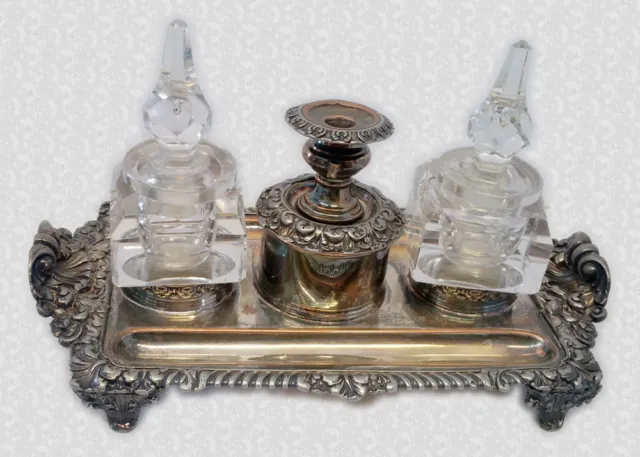 Gorgeous Victorian Silver Plate Inkwell Set