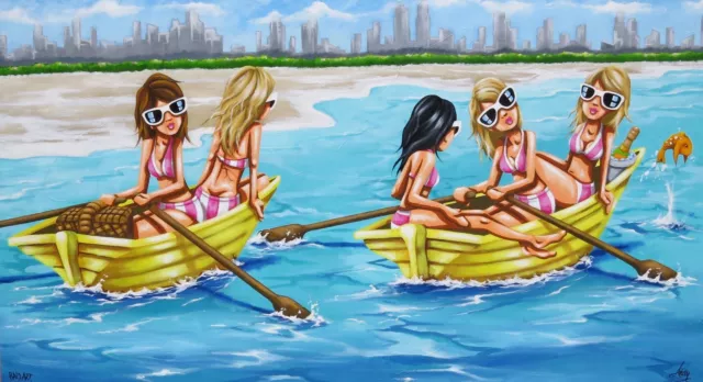 art painting beach boats girls  canvas gold coast australia abstract