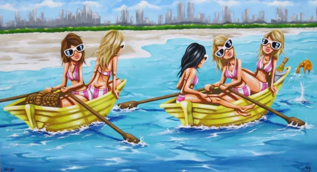 art painting beach landscape boats girls  canvas gold coast australia abstract
