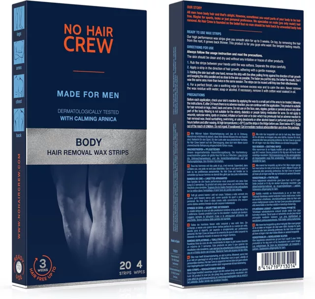 NO HAIR CREW 20 Bandas cera Depilatoria intima Premium hombre+4 toallitas,vegano