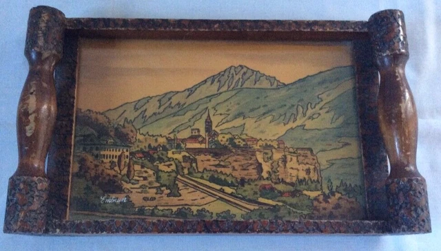 Ancien Plateau Peinture et Pyrogravure par Boli Louis Bollinger COLMAR Cigognes