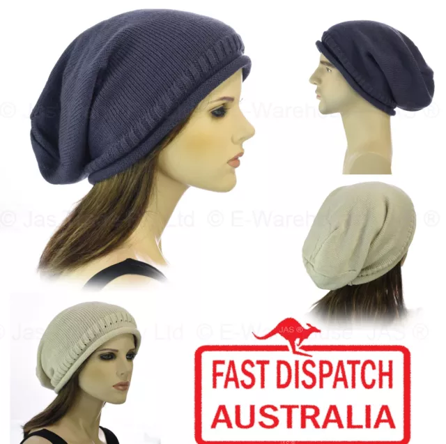 1 Knit Knitted Unisex Ladies Men Cap Slouchy Baggie Baggy Rasta Beanie Hat Plain