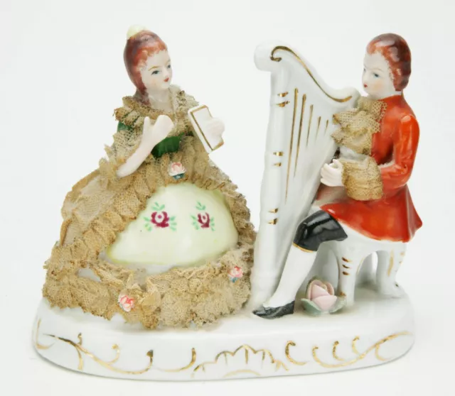 Vintage Japanese Porcelain Art: Victorian Couple With Harp. 5" Tall. Real Lace.