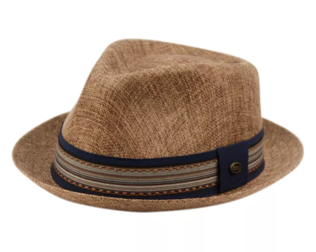 Men's Summer Linen / Cotton Derby Fedora Brim Hat w Fabric Stripe Band
