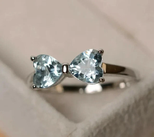 Naturel Forme Coeur Aigue-Marine Bague,Fiançailles Argent Sterling,Promesse