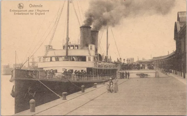 Litho PC ** Ostende Belgium Steamship Embarking for England early 1900s