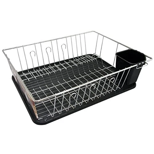 MegaChef Counter Top Drying Dish Rack, 16 Inch, Black and Silver Chrome