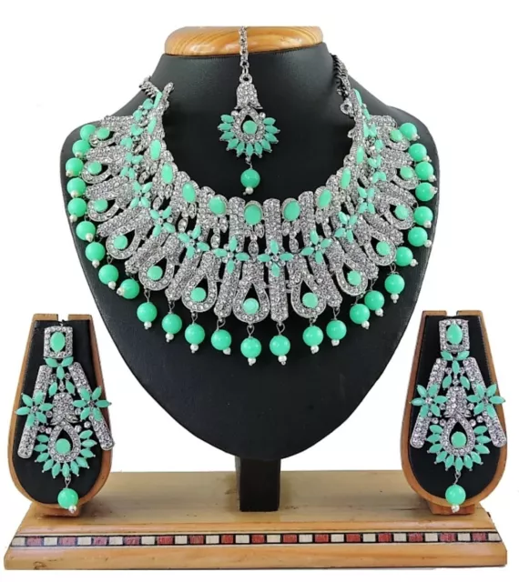 Mint Pearl Stud Indian Sliver Plated Wedding Jewelry Necklace Earrings Tika Set