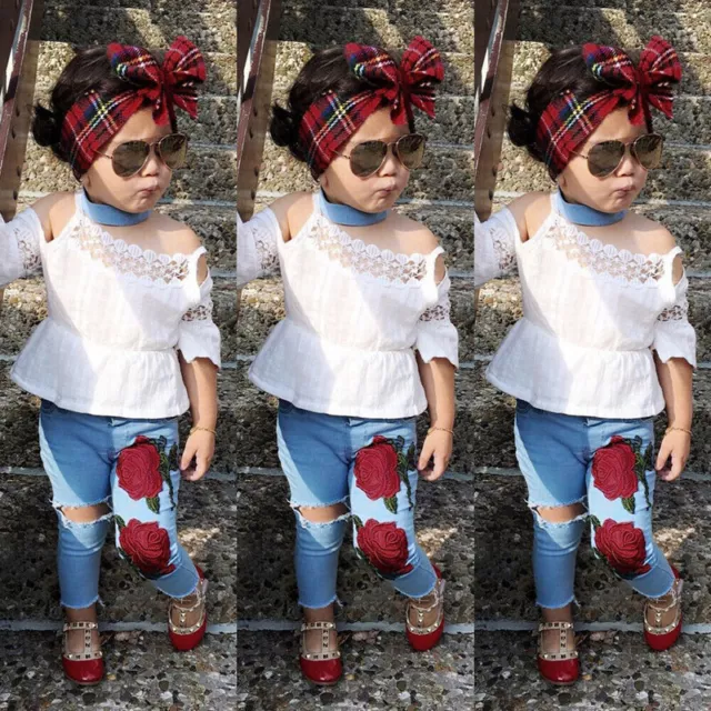 2pcs Fashion lovely Kids Baby Girl Lace Halter Tops+ Denim pants Clothes Outfits