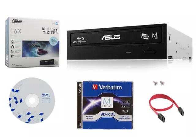 ASUS 16x BW-16D1HT Blu-Ray Burner Drive + 1pk 50GB MDisc BD-R DL+Software+Cab​le