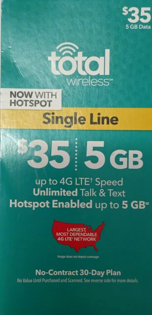 Total Wireless Refill $35 Month,Unlimited Talk, Text 5 GB Data 4G LTE BURNER