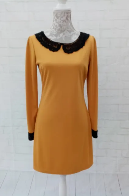 Atmosphere Ladies Dress Size 10 Mustard Black Shift Long Sleeve Lace Collar Cuff