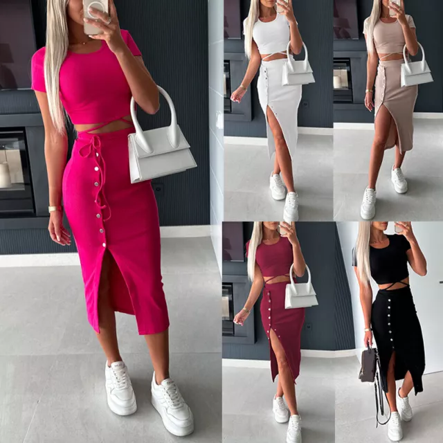 Women Summer Mid Skirt Crop Top Two Piece Set Dress Ladies Party Bodycon Suits🔥