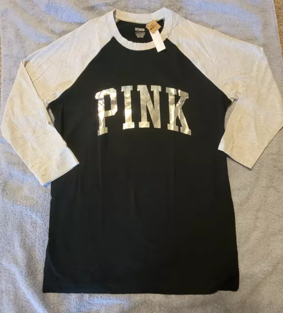 Victoria's Secret PINK Campus Black White Logo Baseball Tshirt Oversized XS NWT