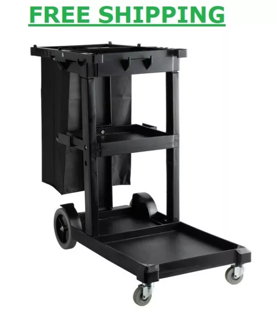 Black Housekeeping Cleaning Janitor Cart 3 Sturdy Shelves Vinyl Bag Plastic