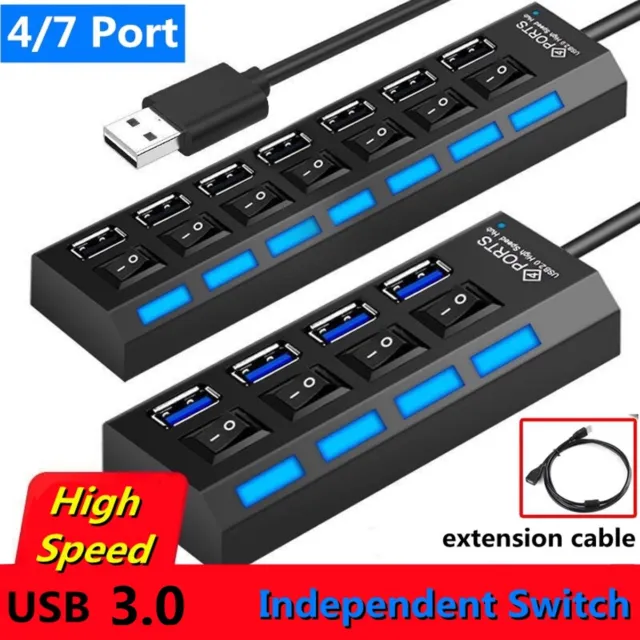 USB 3.0 4/7 Port HUB Powered +High Speed Splitter Extender PC AC Adapter Cable