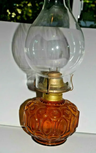 Vintage Amber Glass Moon & Stars Kerosene Oil Lamp with chimney overall 13"H