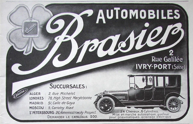 Publicité De Presse 1919 Automobiles Brasier 24 Chevaux Voitures De Grand Luxe