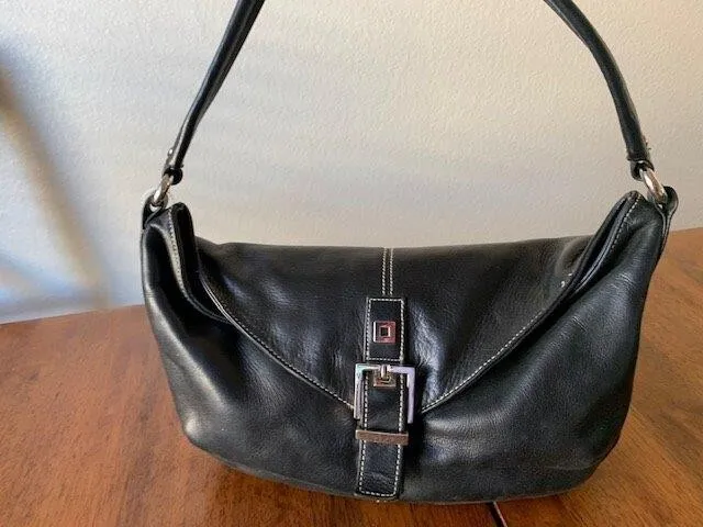 Perlina Bag Black Leather Purse DEtail Stitching Silver Buckle