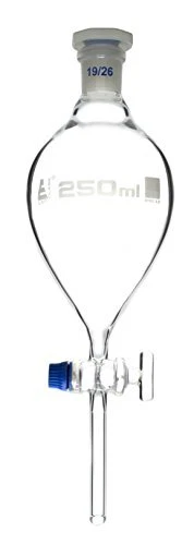Separating Funnel, 250ml - Pear Shaped - 19/26 Plastic Stopper, Glass Key Sto...