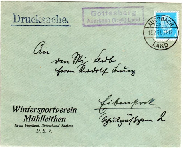 DR 1933, GOTTESBERG Auerbach(Vogtl.) Land, Landpost Stpl. auf Brief m. 4 Pf.