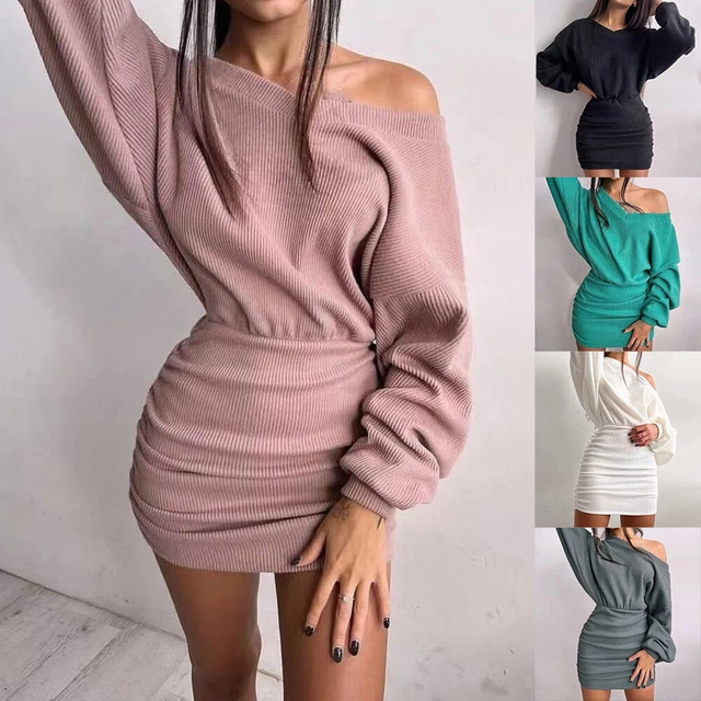 sachin and babi light blue dress WOMENS SEXY RIBBED Off Shoulder Dress Bodycon Winter Party Mini Jumper  Dresses £17.79