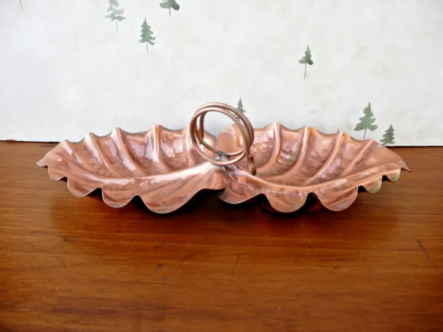 Retro Vintage Hammered Solid Copper 2 Leaf - Leaves Tidbit Tray With Handle