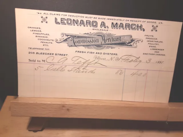 1897 Leonard A March Oysters Fish Fruit Utica Ny Receipt Not Tin Oysters Can