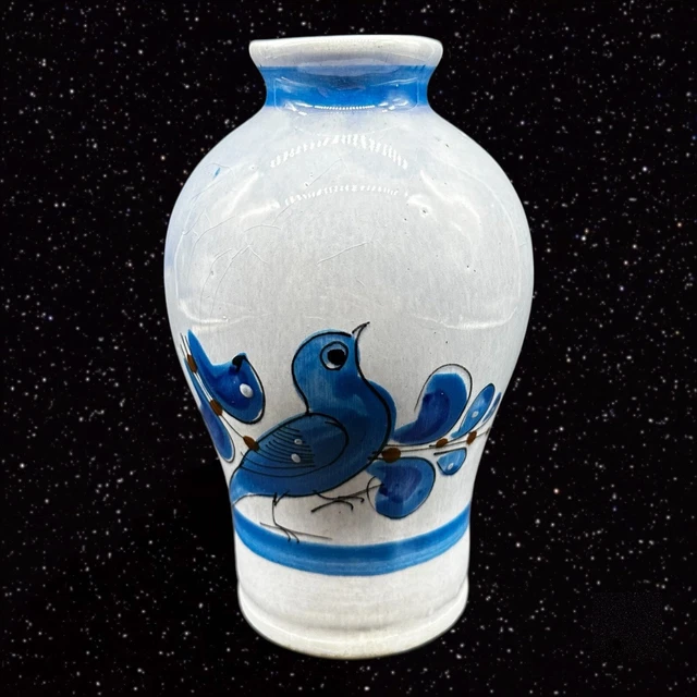 Vintage Mexican Folk Art Tonala Pottery Bird Vase Blue Talavera 6”T 2”W