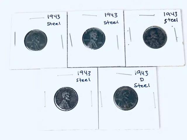 Lot of 5 Steel Lincoln Wheat Penny 1943 P & D Cent Wartime WWII Era Pennies