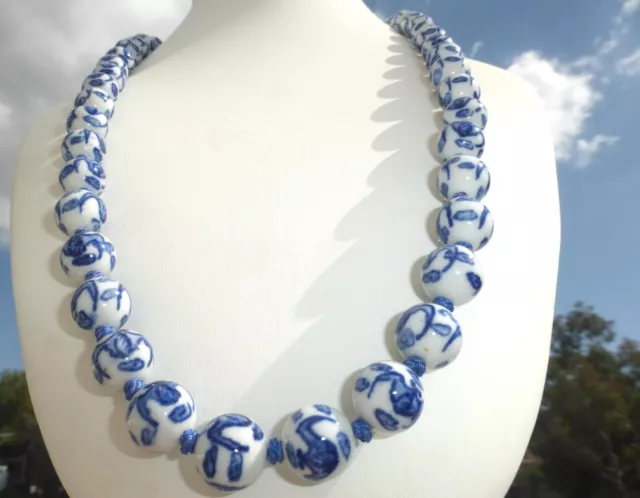 VINTAGE Chinese Export Knotted Blue and White Porcelain Bead Necklace 24"