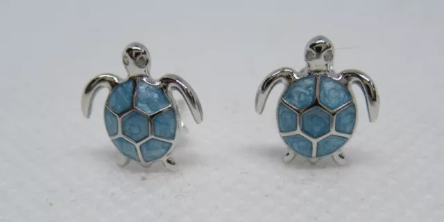 SALE - 925 Sterling Silver Pale Blue Enamel Turtle Stud Earrings