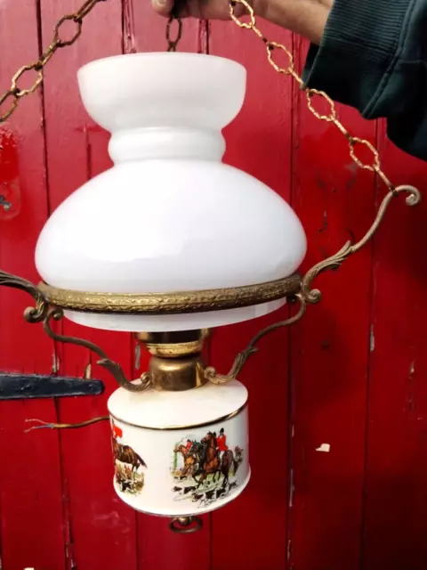 Vintage Ceramic Brass Metal Pendant Ceiling Light & Glass Shade - Oil Lamp Style