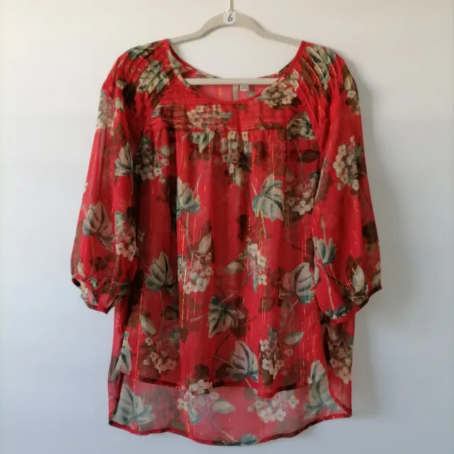 LC Lauren Conrad Womens Red Balloon Sleeve Floral Peasant Blouse Top Size XL