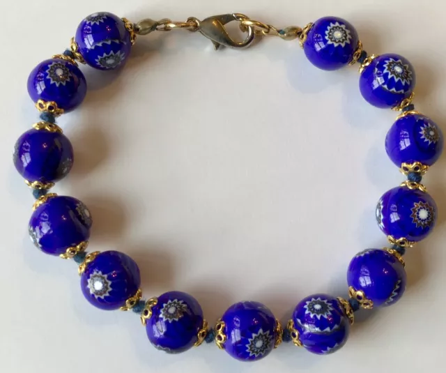 Vintage Art Deco Venetian Blue Millefiori Glass Bead Bracelet