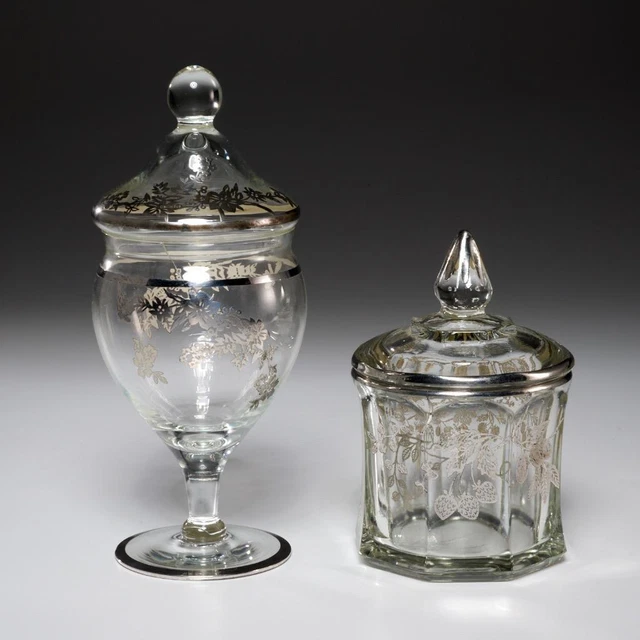 Art Nouveau Antique Sterling Silver Overlay Glass Apothecary Vanity Jar Set Lot