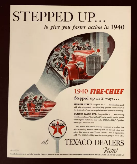 1940 Texaco Gas Advertisement Fire Chief Engine Truck Stepped Up Vtg Print AD