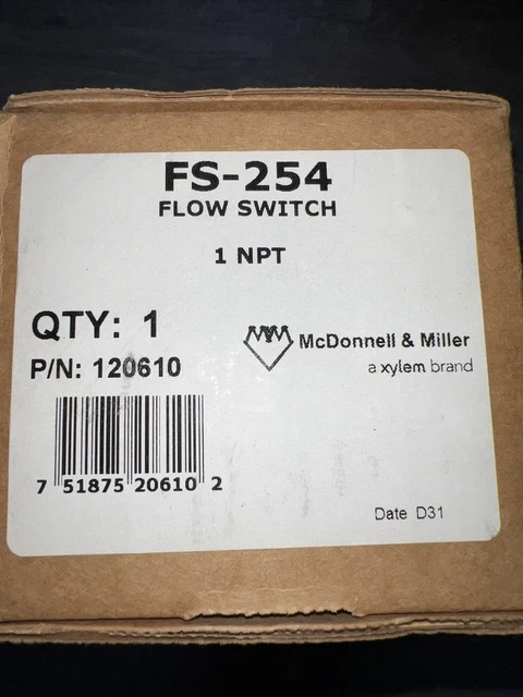 McDonnell & Miller FS-254 Flow Switch.  1” NPT.  Item.  120610. Never Used