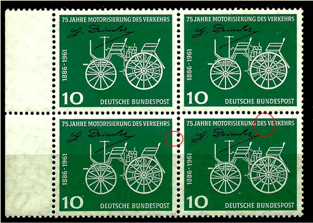 Nr. 363 im Viererblock mit Philotax-Plattenfehlern 0251-008 u. 007, postfrisch