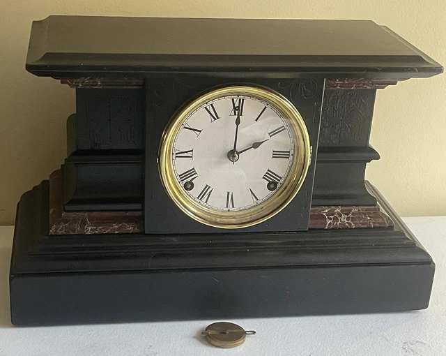 ANTIQUE EN WELCH 8 Day Mechanical Black Mantle Shelf Gong Chime Deco ...