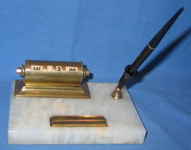 VINTAGE PARK SHERMAN Brass Perpetual Calendar & Fountain Pen w/14k nib