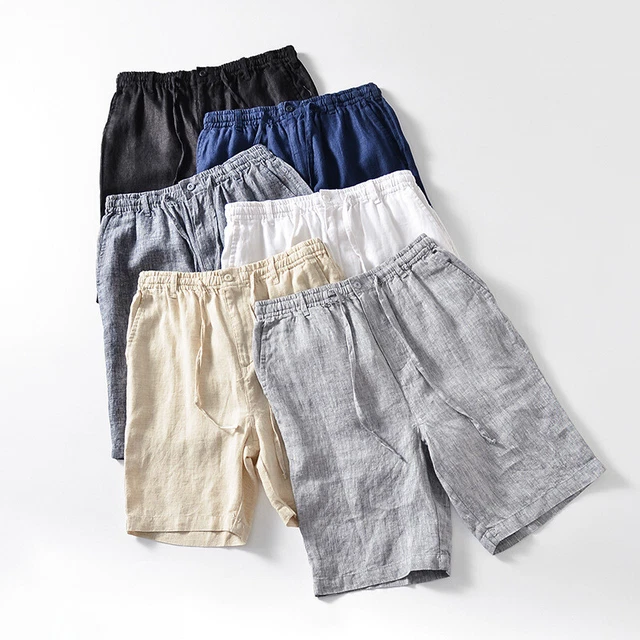 Summer Linen Shorts Men's Business Casual Loose Midi Pants Drawstring Beach Pant