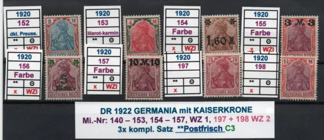 DR 1922 GERMANIA mit KAISERKRONE-Mi.-Nr:  140-153,154 -157, 197+198** Postfr. C4 3