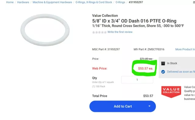 (100) 5/8" ID x 3/4" OD Dash 016 PTFE O-Ring 1/16" Thick, Round [OFB8]