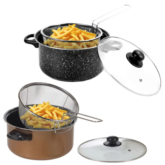 Non Stick Chip Pan Deep Fat Fryer Cooking Pot Frying Basket With Lid Set 24cm 9"